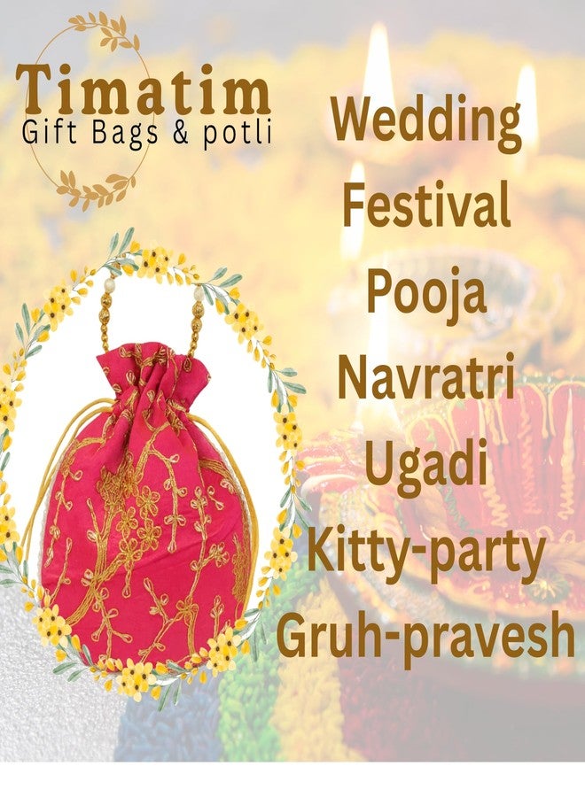 Timatim Women’s Embroidered Potli Bag | Return Gift Potli for Wedding, Haldi Kumkum, Pooja, Navratri & Festive Events | Silk Potli with Pearl Handle & Golden Thread Work (10) - Image 2
